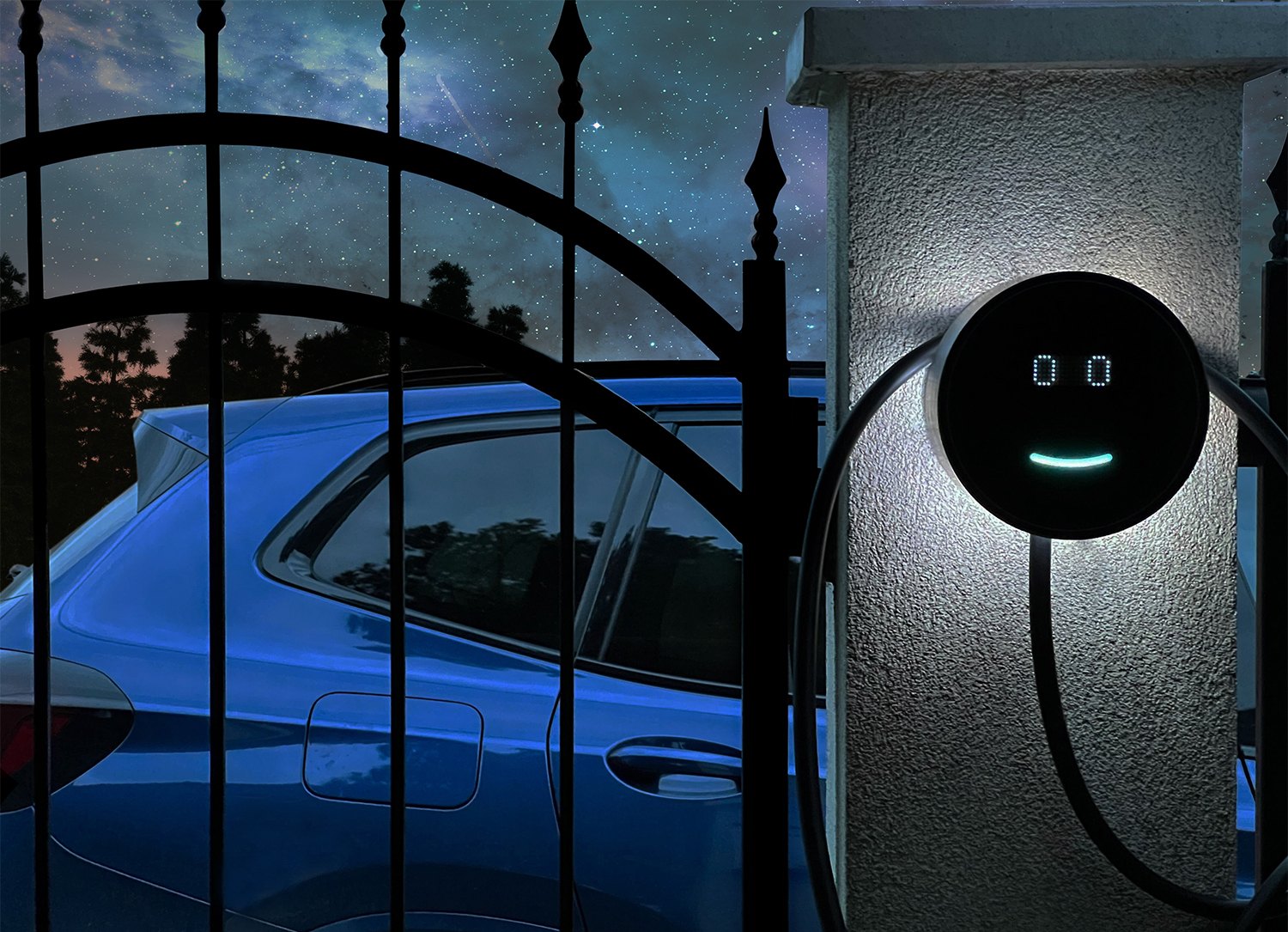 A Voltie charger on a gate pillar at night