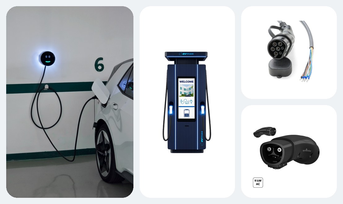 Auton store products: a Voltie charger, a DC charger, a cable and an adapter